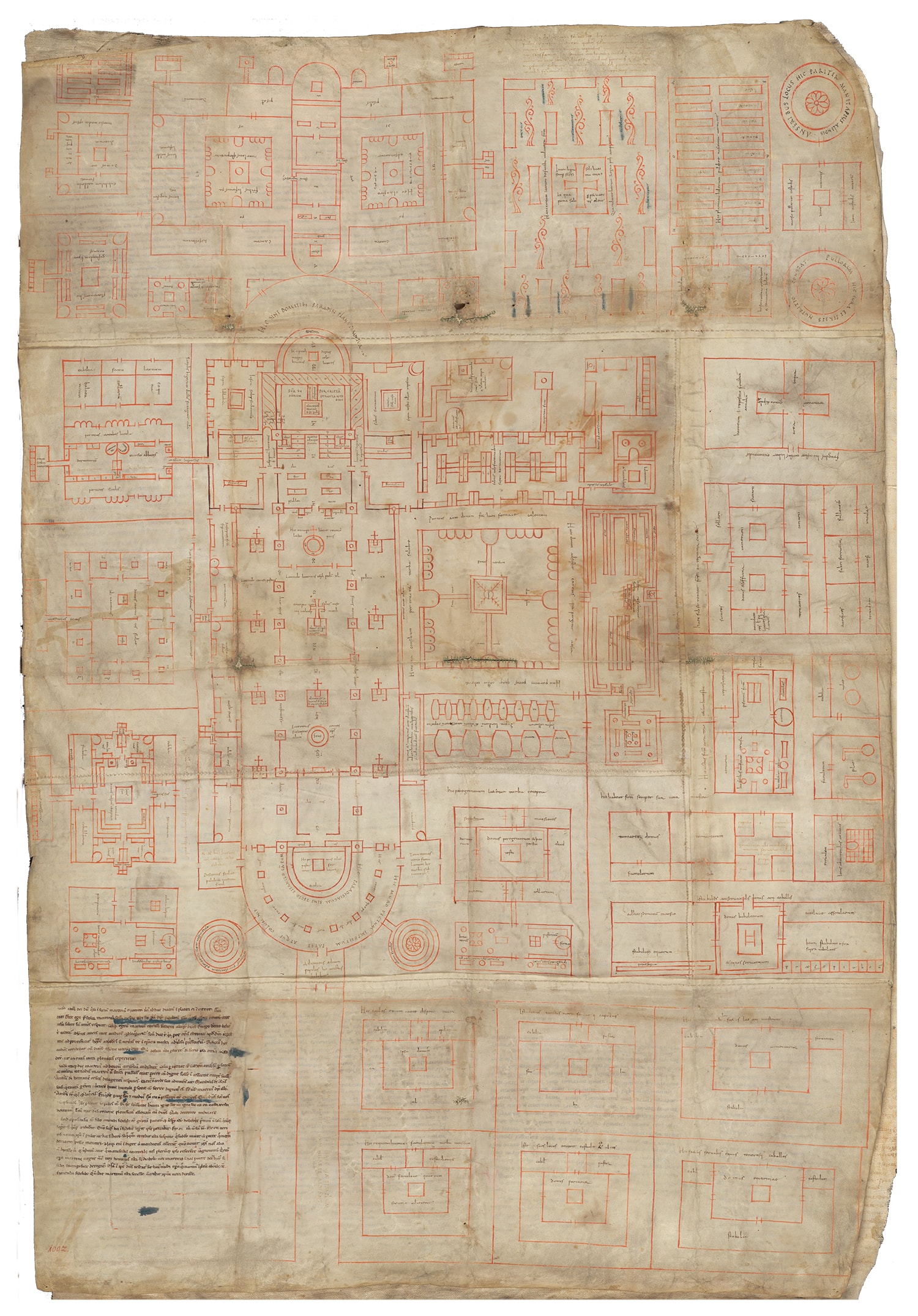 Codex Sangallensis 1092 recto: a Medieval architectural drawing from the 9th century depicting a monastery according to the Rule of Saint Benedict. The Rule is a book of precepts written in the 6th century by Benedict of Nursia outlining how monks ought to live under the authority of an abbot. It is the basis for tens of thousands of experiments in communal living during the Middle Ages, and laid the foundations for the preeminent institution that created and preserved knowledge during this period: the Medieval monastery. Monasteries according to the rule were self-sufficient micro cities, with their own houses, churches, kitchens, stables, workshops, breweries and infirmaries. The Atlas Urbium is one of the early steps that we need to undertake in order to discover the conventions through which new communities can tackle the challenges of the 21st century. Image