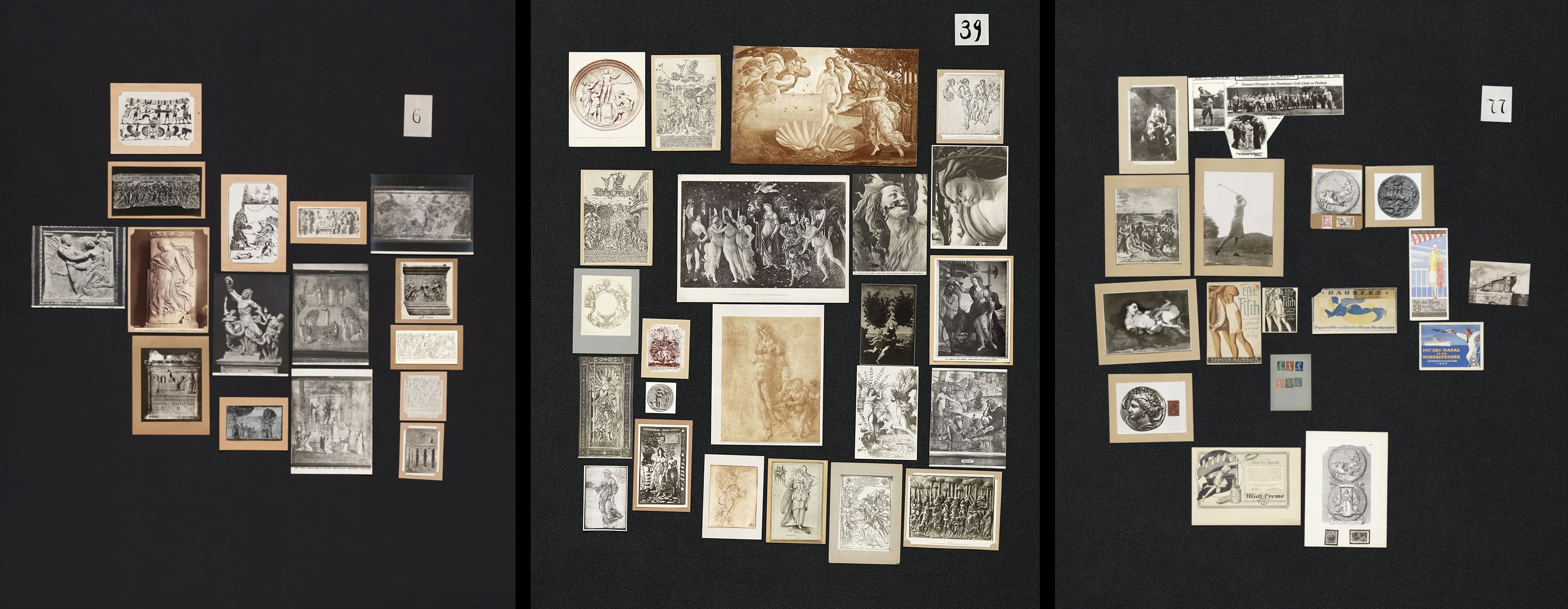 Panels 6, 39 and 77 of Aby Warburg’s Bilderatlas Mnemosyne, 1925-1929. Warburg used the panels to trace how ideas, rituals and images persist across history, and what this says about humans' relation to the cosmos