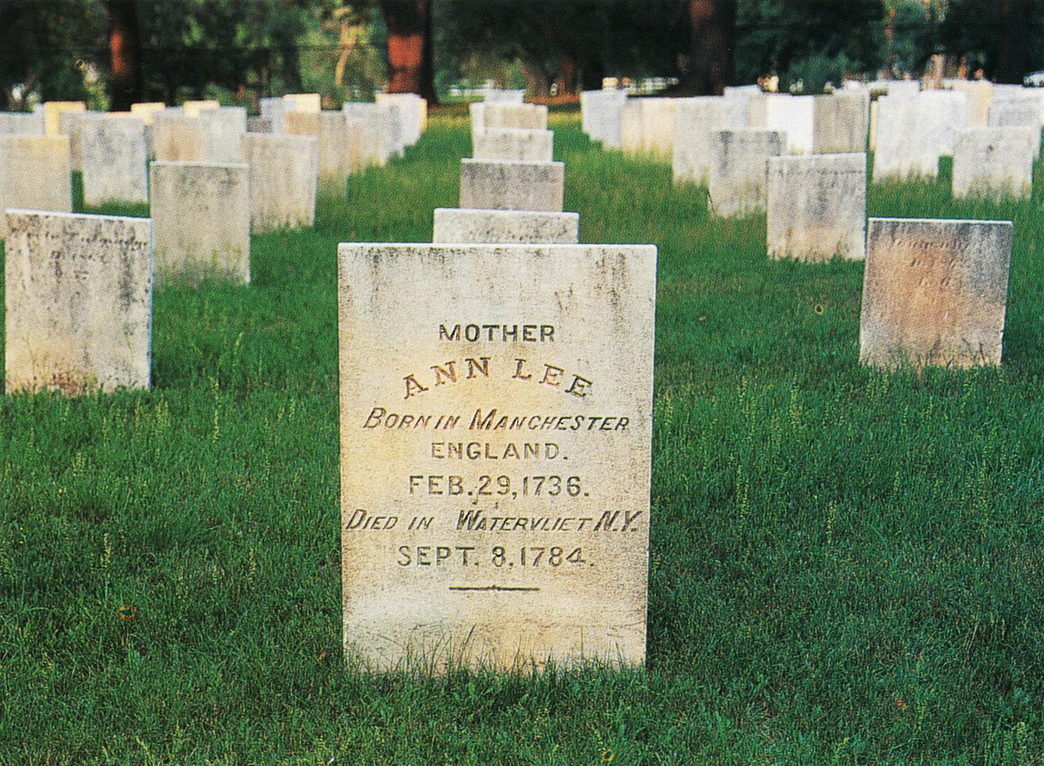 The gravestone of Mother Ann Lee in the Shaker cemetery in Watervliet, New York, where her remains were moved after she was exhumed 1835. Her grave is the same as that of every other Shaker in the cemetery, apart from being a couple inches larger