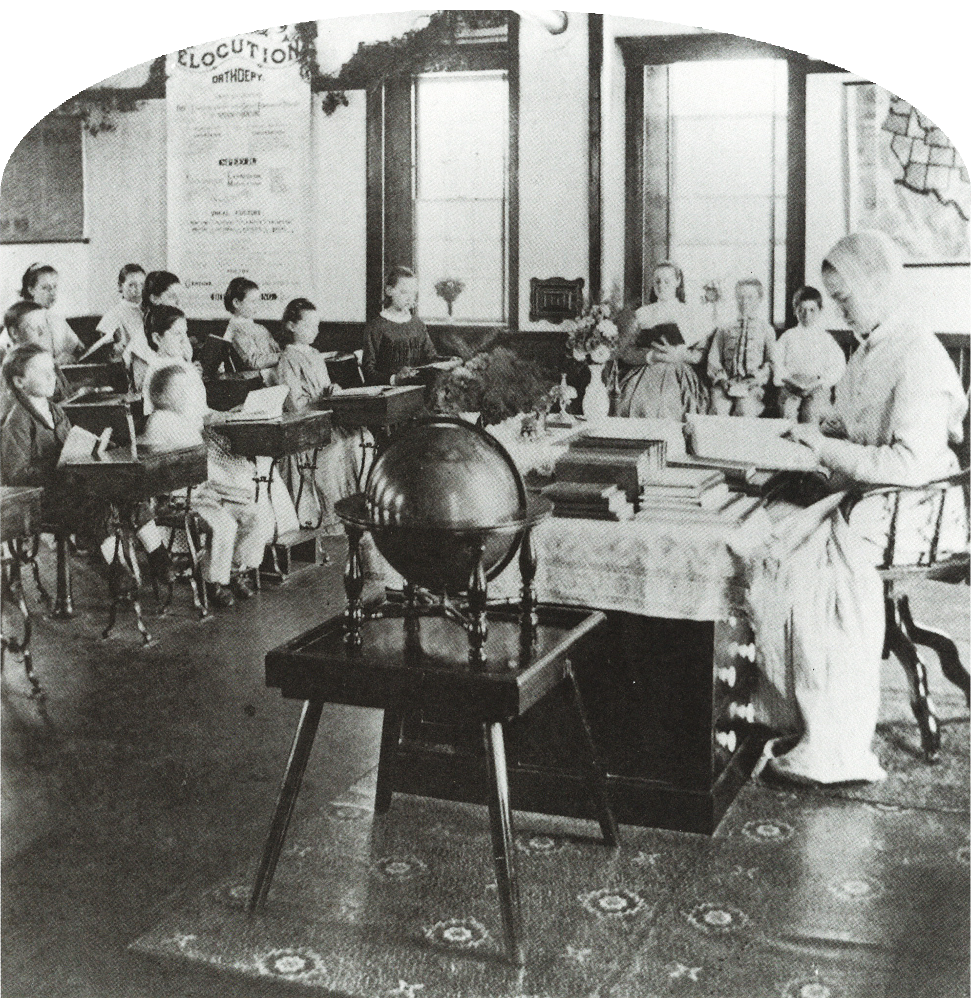 Schoolroom at Canterbury Shaker Village, MI, with Shaker teacher Mary L. Wilson