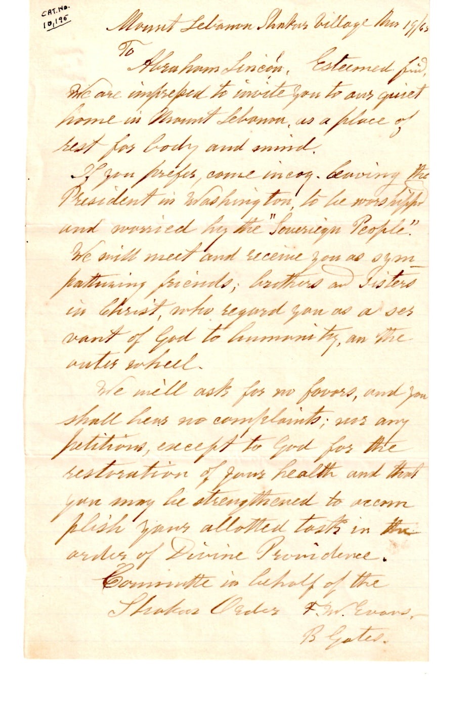 Letter to President Abraham Lincoln inviting him to Mount Lebanon from Elder Frederick W. Evans and Brother Benjamin, dated March 19, 1865, shortly before the President's assassination, Collection of the Shaker Museum 