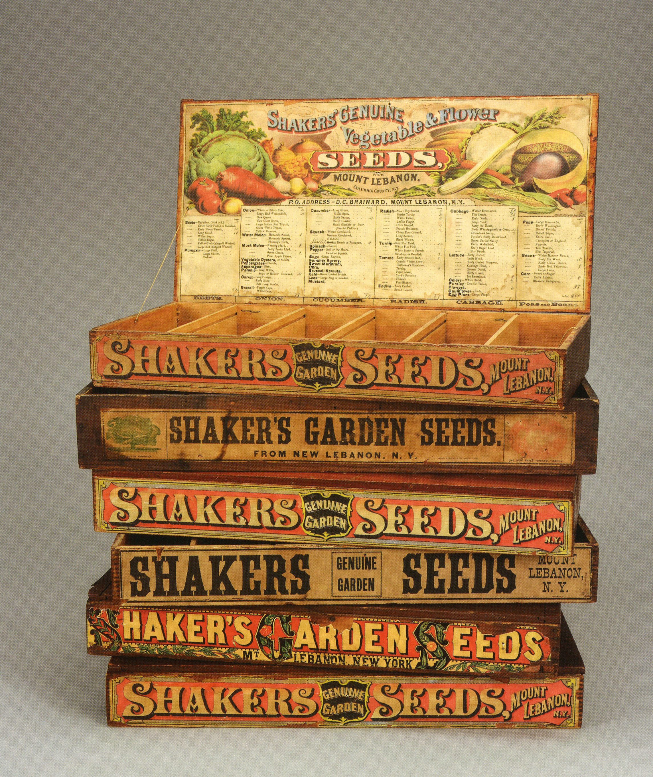 Shakers were hard-working proliferous people. Not only did they invent a variety of products, machines and industrial processes; they also became one of the first name brands in the United States. They were the first to commercialize packaged seeds, which made them well-known across the country. Collection of the Shaker Museum at Mount Lebanon