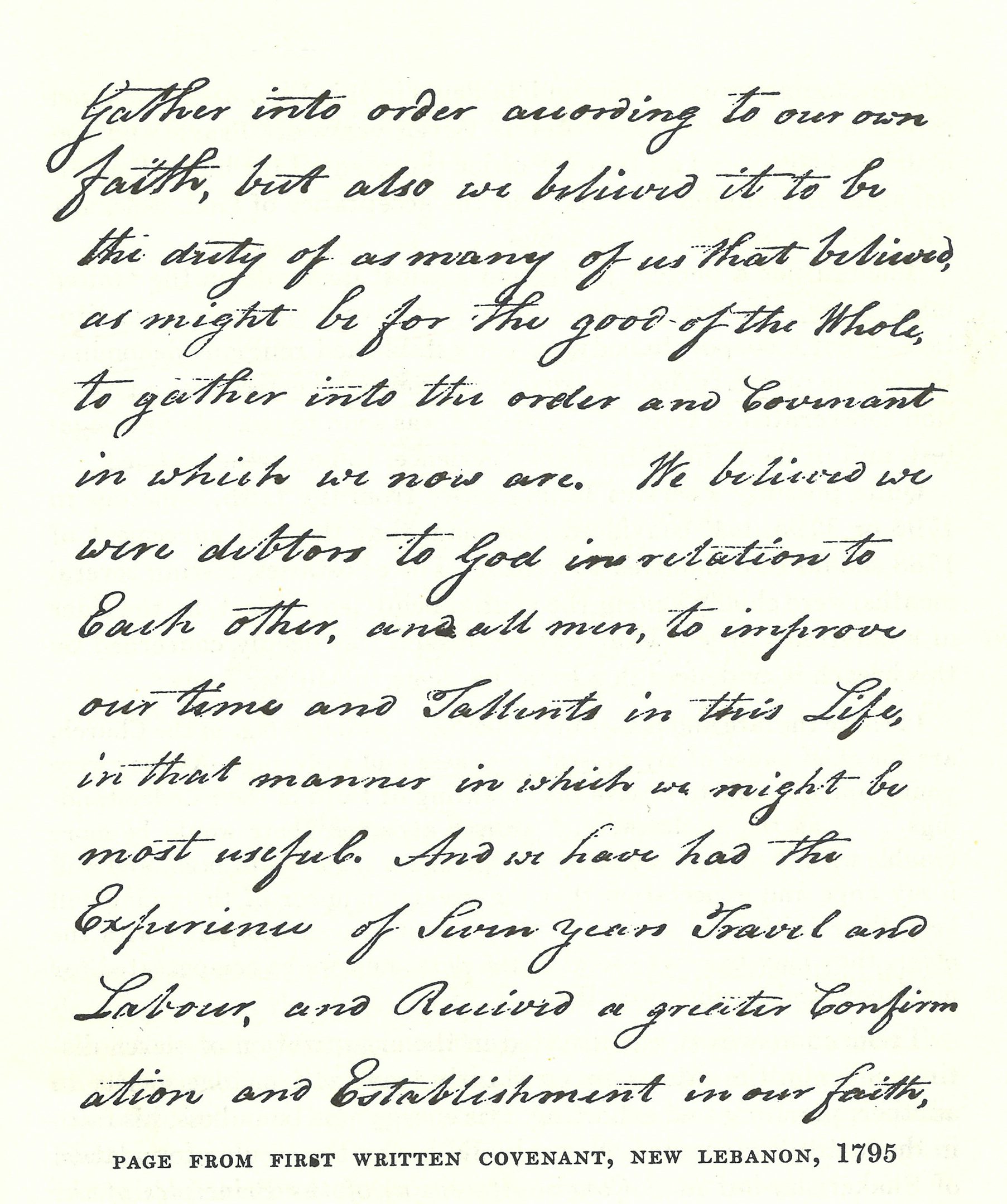 A page from the first Shaker written covenant, signed in New Lebanon, NY, 1795