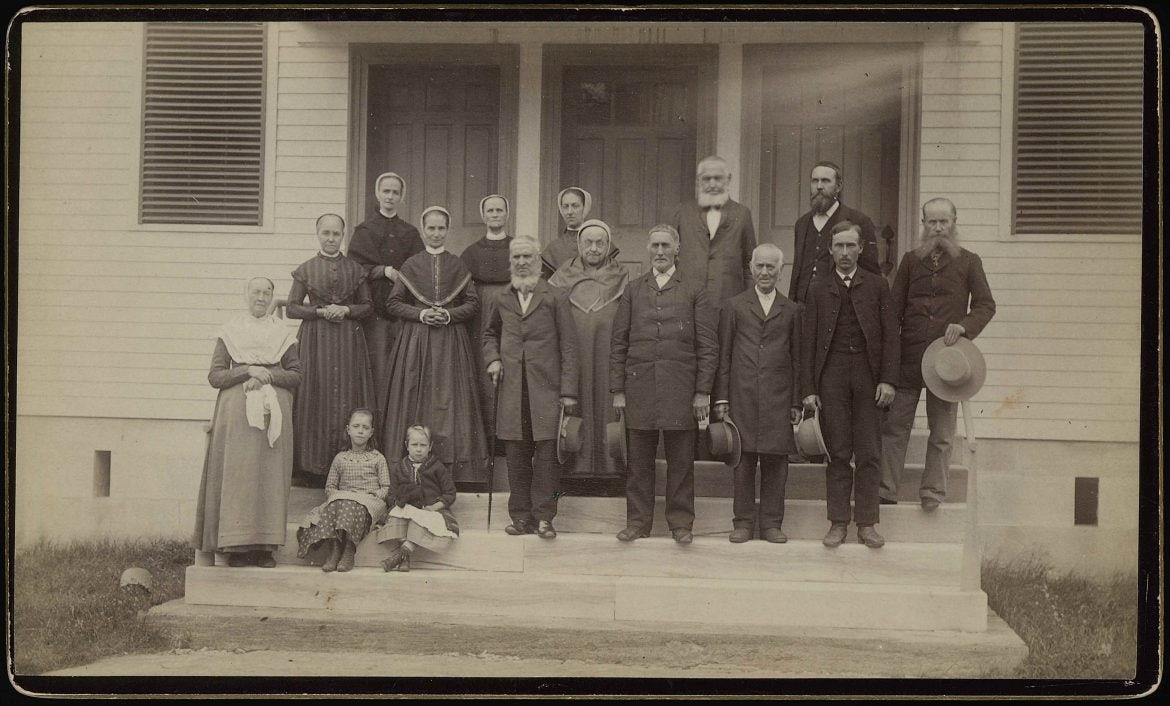 Group of Shakers on Meetinghouse Steps, Church Family, Mount Lebanon, NY, 1888. Collection of the Shaker Museum