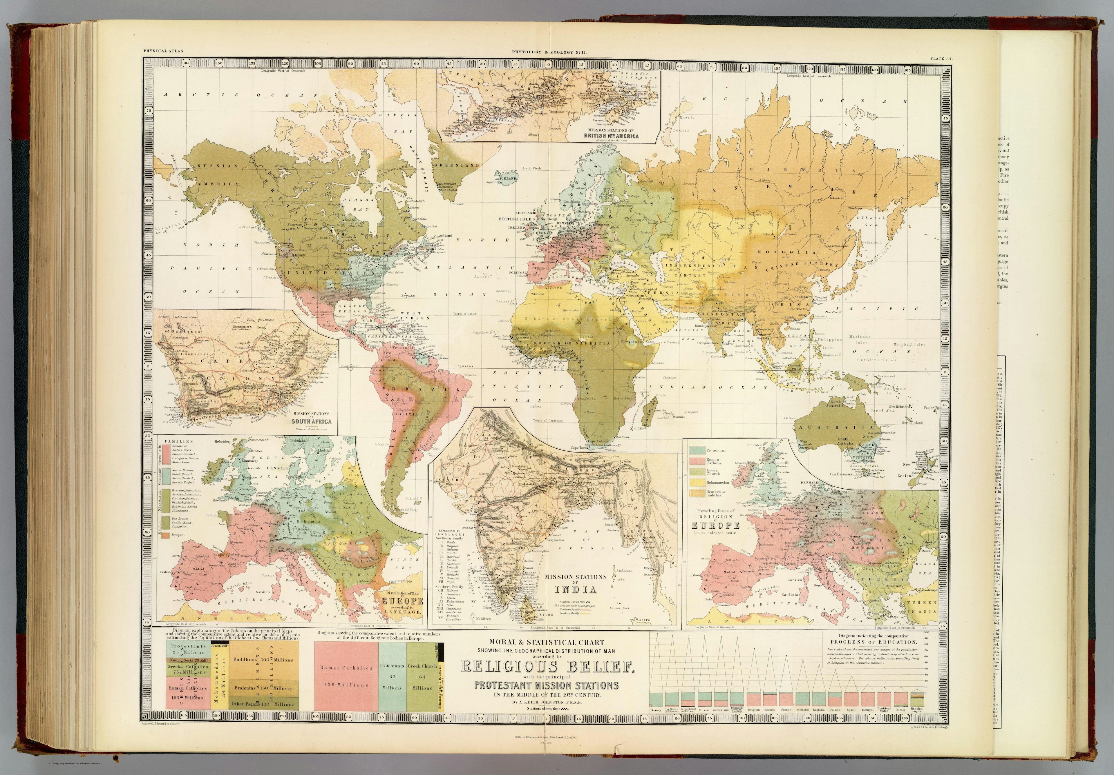 World map of religious beliefs developed by a Scottish cartographer in the 19th century. “Moral and Statistical Chart Showing the Geographical Distribution of Man According to Religious Belief, With the Principal Protestant Mission Stations in the Middle of the 19th Century.” By A. Keith Johnston, F.R.S.E. David Rumsey Map Collection