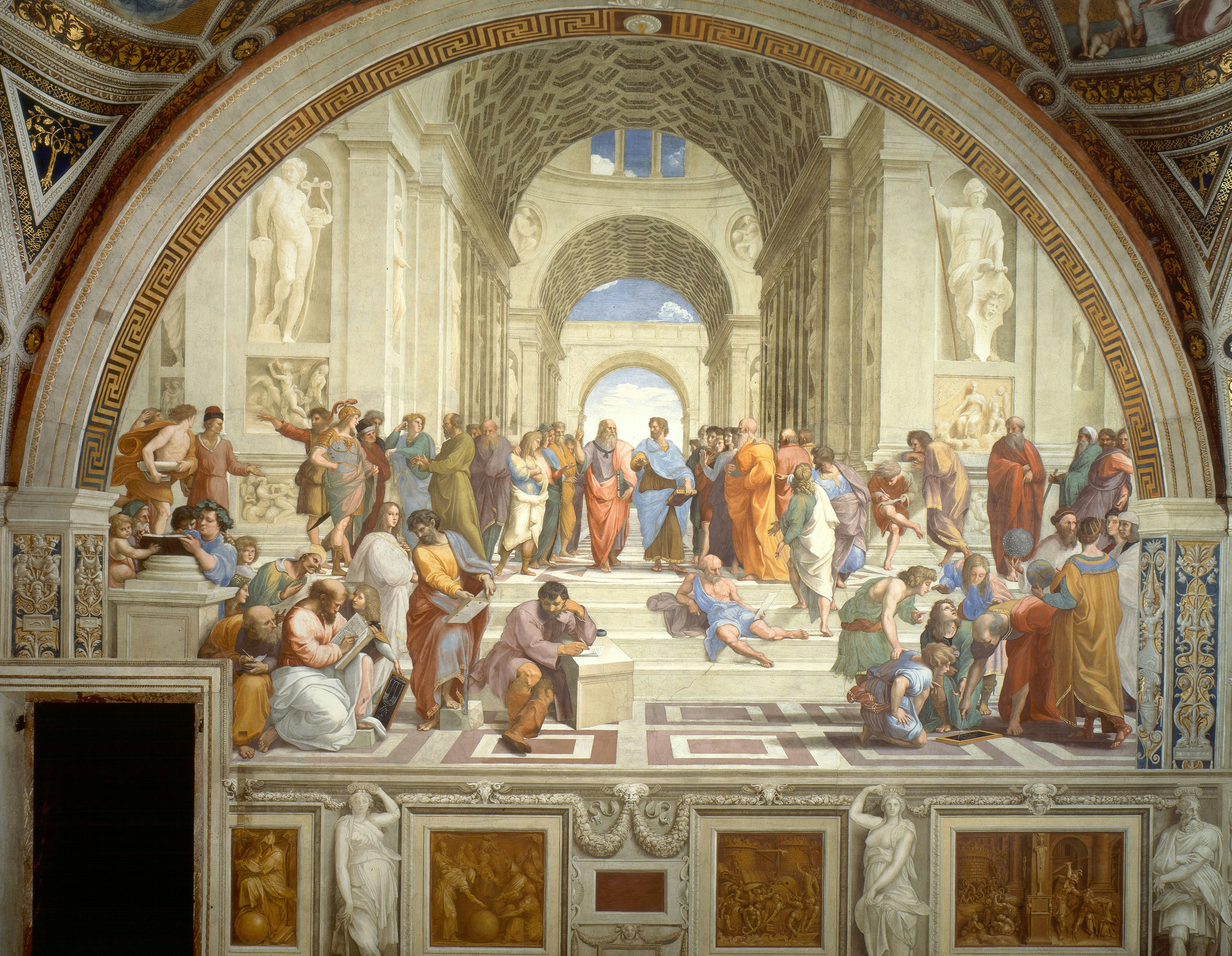 The School of Athens, Raphael, 1509–1511. Raphael depicted the Renaissance not as a static revival of antiquity, but rather an impossible conversation between ancients; cloaked in the skin of his most talented contemporaries; housed in one of the most daring and innovative architectural projects of his time